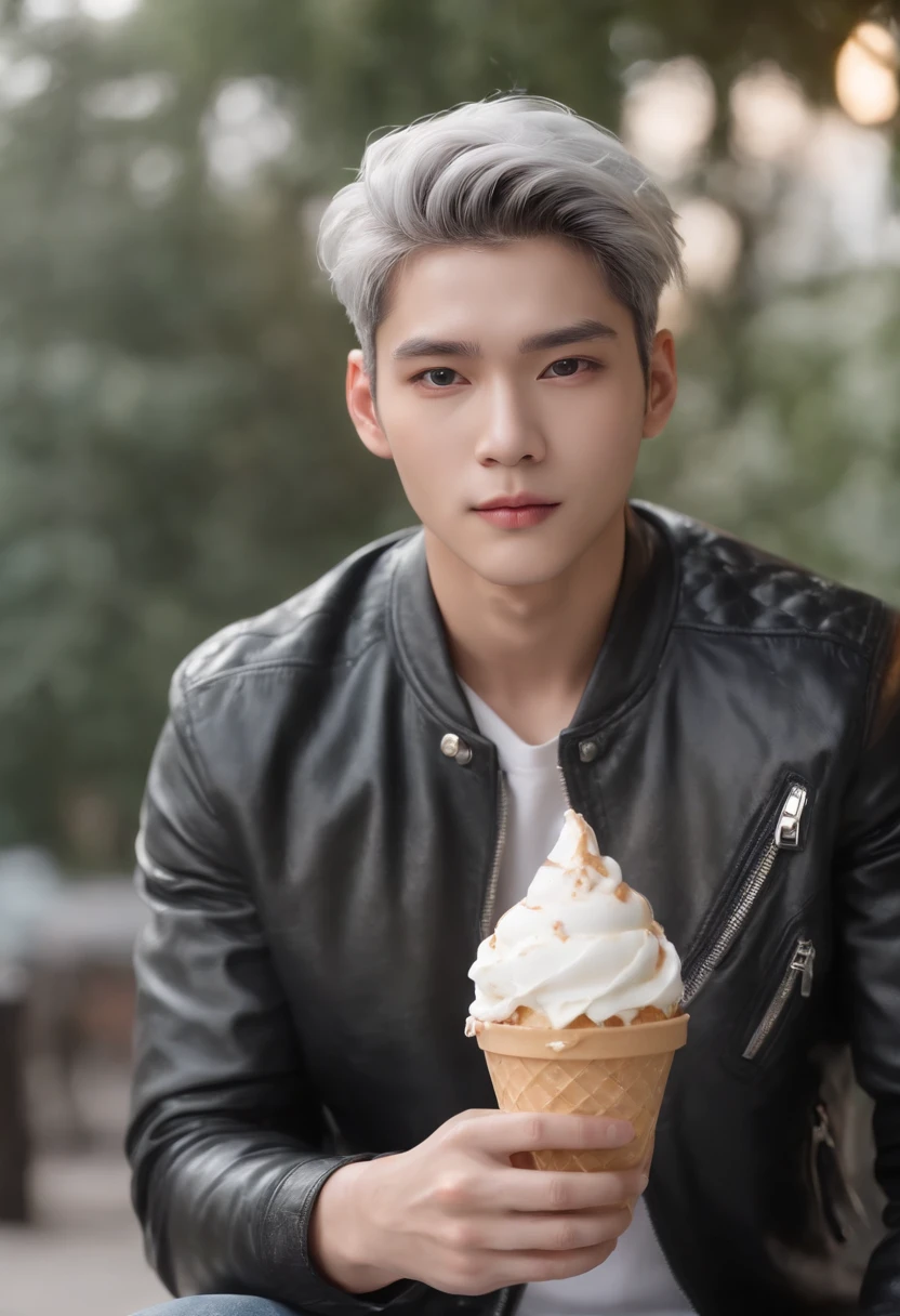 Handsome young man in leather jacket, Wearing a cap, With silver hair, holding ice cream, Silver messy hair, Handsome, (8K, Raw photo, Photorealistic:1.25) ,( lipgloss, Eyelashes, man, gloss-face, Glossy skin, Dark skin, Darksob, Man's, Best Quality, 超A high resolution, A young man, depth of fields, chromatic abberation, Caustics, Broad lighting, Natural Shading,Kpop Idol) Watch viewers with calm and godlike happiness,