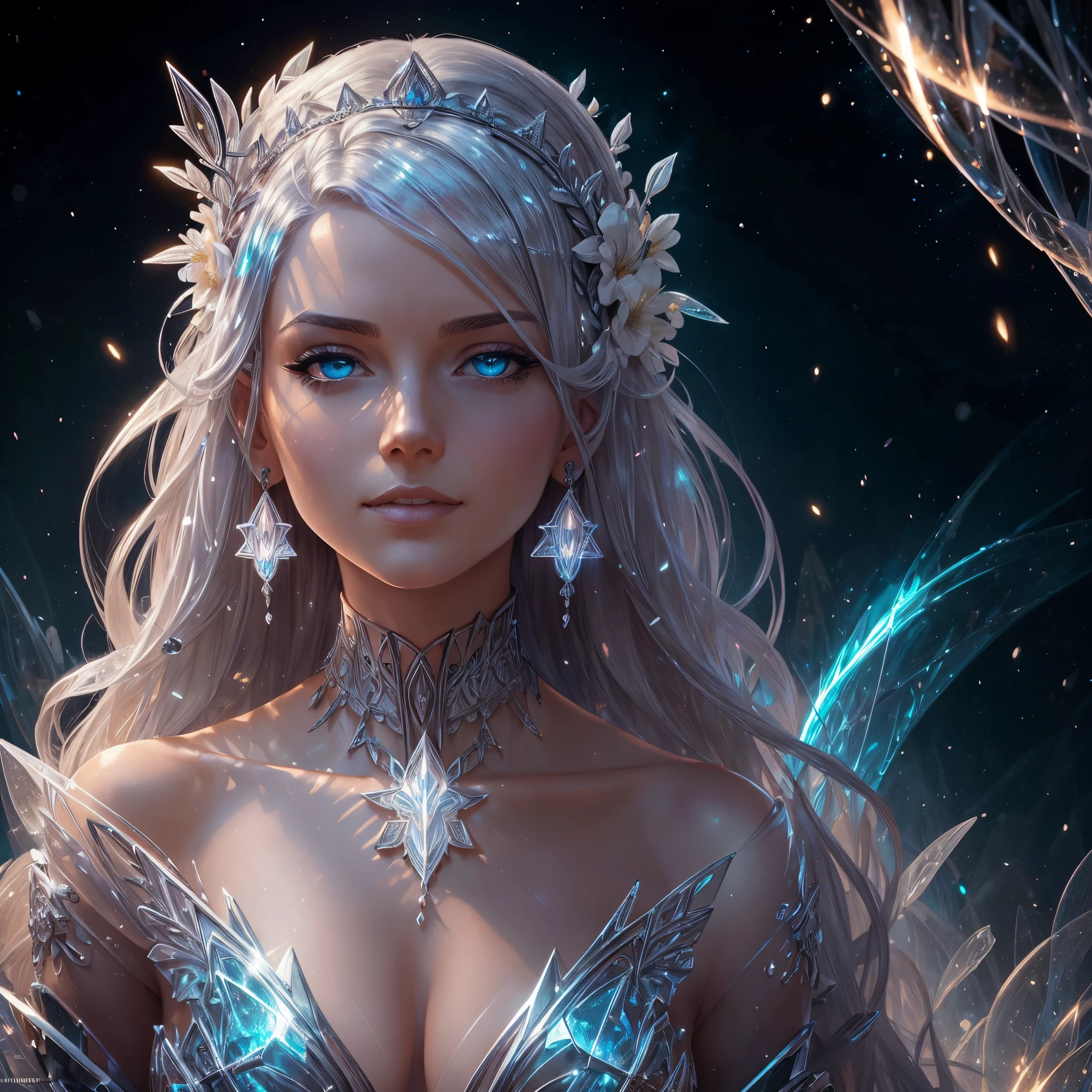 Uma Mulher com cabelo platinado:, em um vestido de flores de gelo, a beautiful crown on her head, Rosto detalhado, pele detalhada, frente, fundo floresta congelada, cobrir, Deszoom, Gargantilha, pintura hiperdetalhada, Luminismo, bar lighting, Complexo, 4k resolution concept art portrait by Greg Rutkowski, Artgerm, WLOP, Alphonse Mucha, little fusion pojatti realistic goth, fractal  isometrics details bioluminescens : um atordoamento