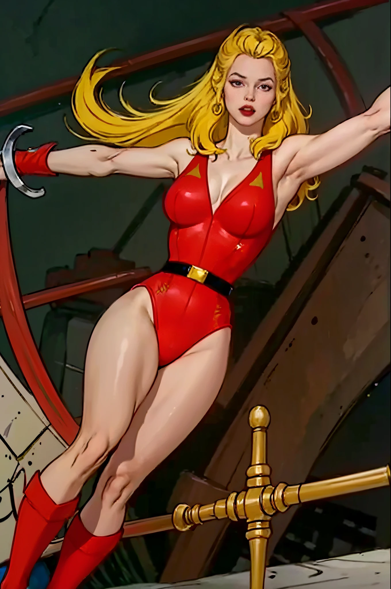 raw photo of a 1girl, (solo:1.3),
1girl, blonde hair, Adora, rating:safe, solo, red leotard, leotard, belt, long hair, breasts, medium breasts, bracer, wristband, makeup, lipstick, 1980s \(style\), retro artstyle,
Dynamic pose,
smug smile,
tall , toned body, (muscular body:1.4), (femenine hands:1.3),
skindentation, narrow waist, thighs, wide hips, half eye close, eyeliner, eyelashes, perfect face, detailed eyes, facial lighting,
looking at viewer (masterpiece, high quality:1.2) ( emb-rrf2:1.2) ,(Style-Psycho:1.2)