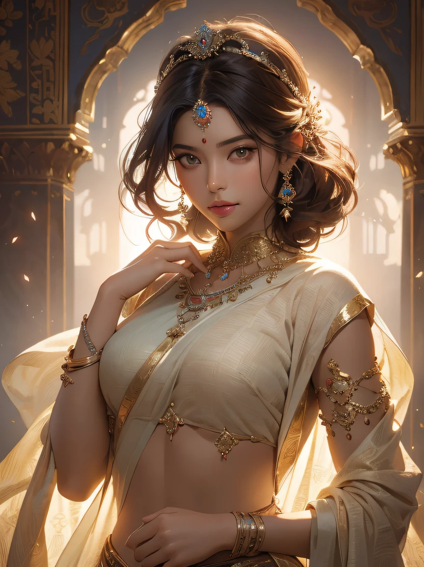 ((​masterpiece、top-quality、realisitic、ultra-detailliert、hight resolution、Photorealsitic、foco nítido、lighting like a movie))、Stunning portrait of a beautiful woman、face lights、High brightness、Frontal lighting、cowboy  shot、(Complex and beautiful facial features、Brown skin、Attractive body)、Modern Indian Goddess、(Transparent Red Sari)、Dynamic Pose、diadems、rich colours、Goddess of Heaven、Look at viewers、Accurate hand depiction、Detailed hand depiction
