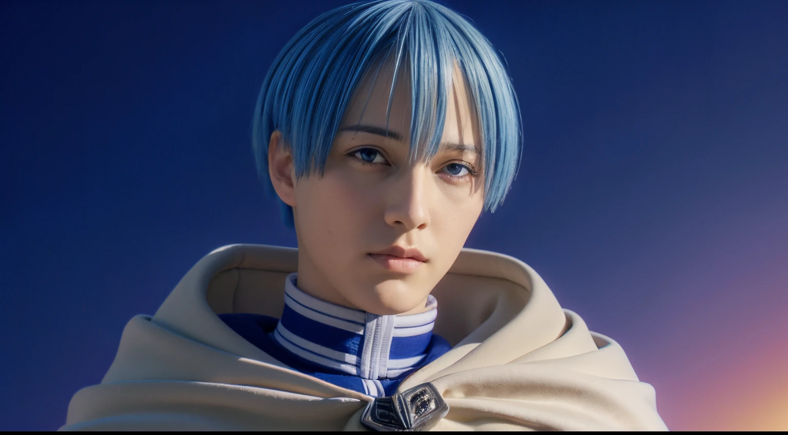 Himmel, 1man, cape, jacket, looking at viewer, upper body, detailed face, detailed eyes, blue hair,