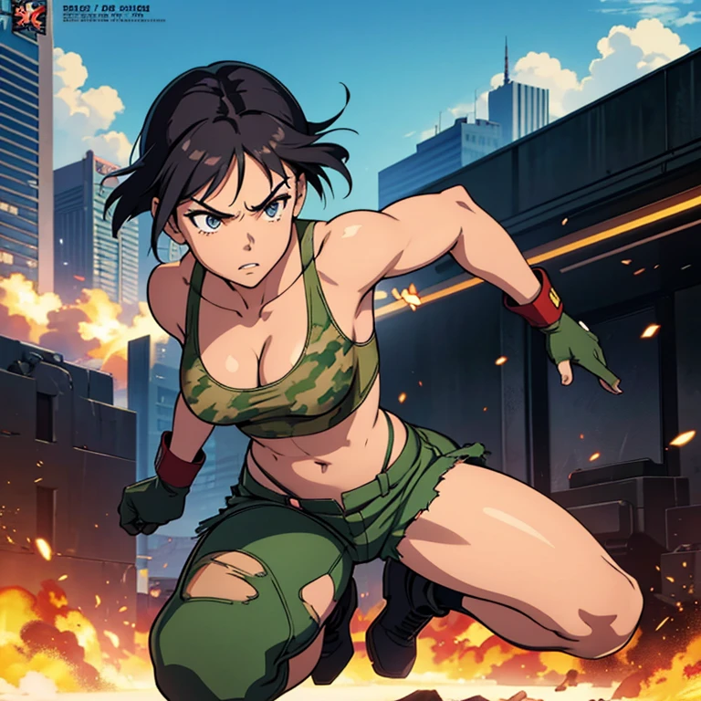 Full body, hq artwork, 24 year old, Filipino Woman, tan skin, short black hair, wearing marine corps uniform, athletic physique, strong muscles, military girl, soldier girl, infantry girl, camouflage uniform, torn tank top, belly button, gloves, torn military pants, small, cleavage, expression of determination, attack action, face close-up, action with impact, fighting on the battlefield, full body, background is ruined city, most strongest pose, female action anime girl, full body, striking manga artstyle, official art, official artwork, power girl, closeup view, badass pose, anime cover, wallpaper!, full art