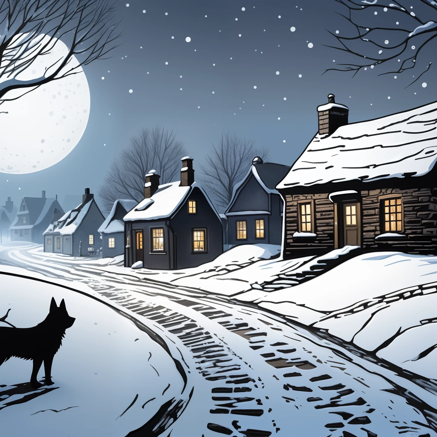 Verschneite Nachtszene mit einem Hund und einem Haus im Vordergrund, Hintergrundgrafik, Verschneite Nacht, nocturnal village background, Sehr detaillierte Illustration, Winternacht, stilisierte digitale Illustration, inspiriert von Terry Redlin, verschneite winterliche weihnachtsnacht, Winterszenen-Fantasie, verschneite Winterszene, Immens detaillierte Szene, Sehr detaillierte Illustration, Karikatur Stimmungsvolle Szene, Mondlicht schneit, Random Background Scene