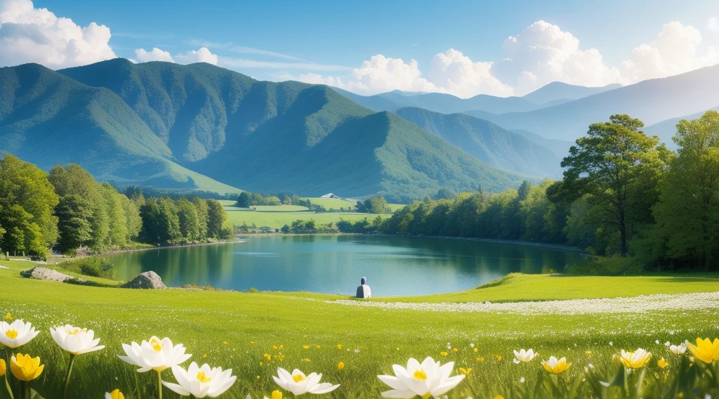 Flowers blooming on the green grass。There are mountains and lakes in the distance。The sun is shining,Blue sky and white clouds。far away,From a distance, I saw a Taoist priest sitting on a rock with his back to the camera,Meditate in double lotus position。