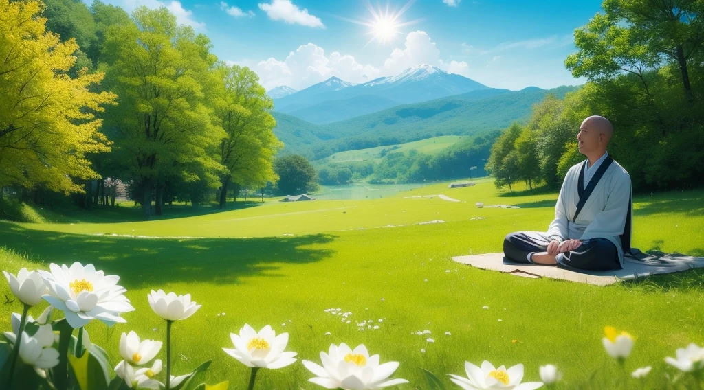 Flowers blooming on the green grass。There are mountains and lakes in the distance。The sun is shining，Blue sky and white clouds。far away，From a distance, I saw a Taoist priest sitting on a rock with his back to the camera，Meditate in double lotus position。