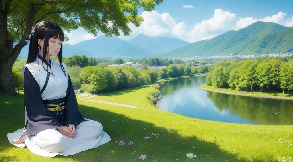 Flowers blooming on the green grass。There are mountains and lakes in the distance。The sun is shining，Blue sky and white clouds。far away，From a distance, I saw a Taoist priest sitting on a rock with his back to the camera，Meditate in double lotus position。