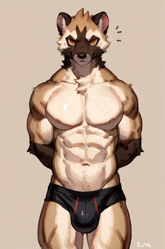 Solo, Furry, Anthro, Ferret, Male, E621, Standing, Muscular, Hands behind back, Wearing underwear, Plain background, Front view, Light skin tone, By buta99