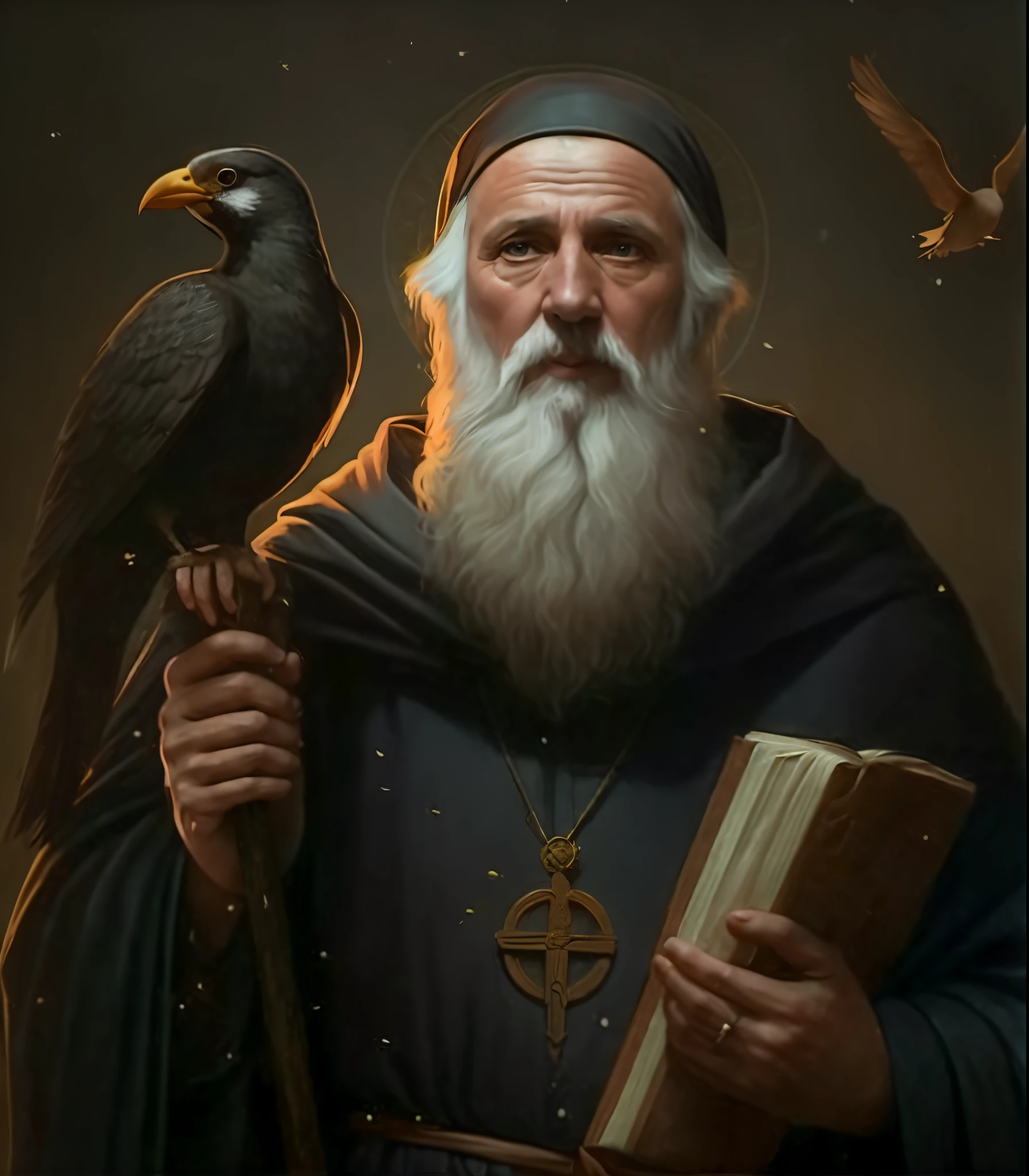 a close up of a person holding a bird on a stick, SAINT BENEDICT DE NURSIA, BLACKGROUND, CORES FORTES,Directed by: Alexandre Kucharsky, Directed by: Igor Kufayev, Santo ortodoxo, Monge ucraniano, Directed by: Alexandre Gerasimov, Directed by: Johannes Helgeson, Directed by: Pavel Fedotov, Directed by: Andrey Esionov, arte conceitual de um monge, Por Andrey Ryabovichev
