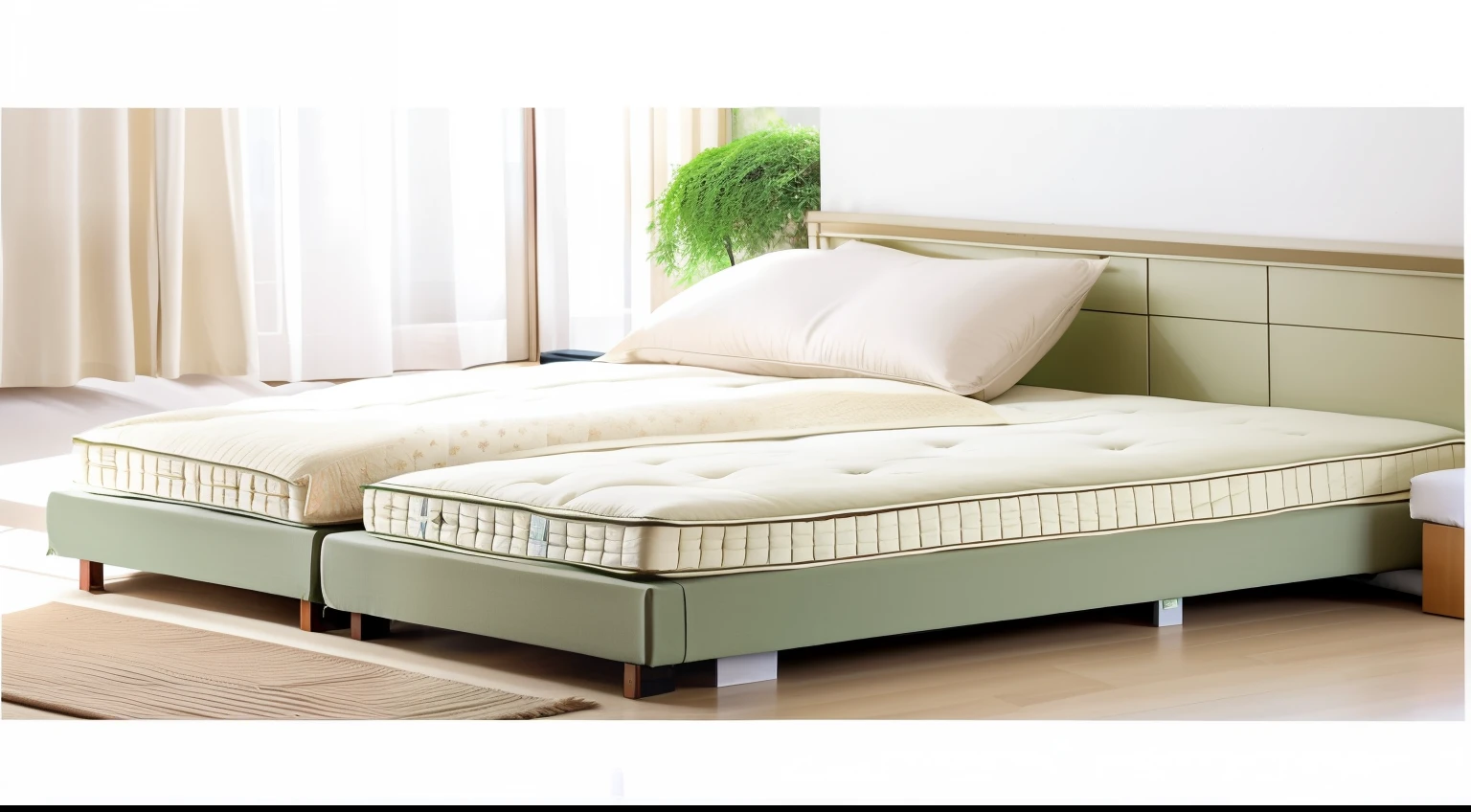 In the daytime,inside bedroom,There is a split bed,The left and right mattresses can be adjusted freely,Light green sheets,Beige plush pillow,Beige quilt,detail processing,