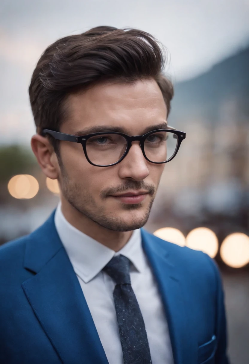 a man with black glasses and a blue suit