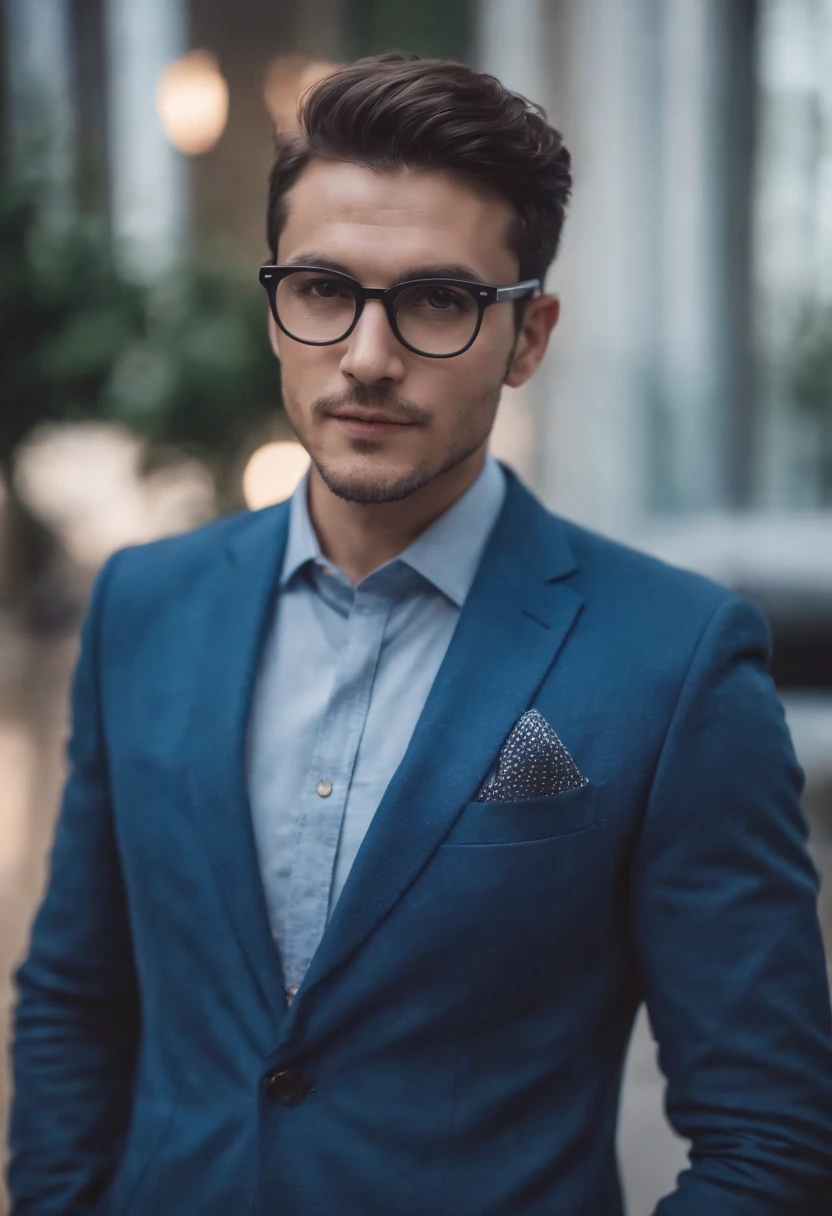 a man with black glasses and a blue suit