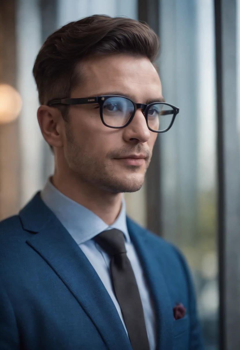 a man with black glasses and a blue suit