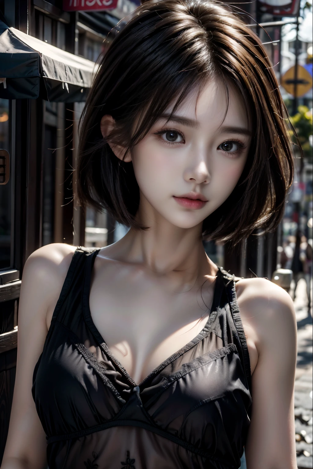 woman,Short hair, outdoor fair skin, messy hair, the sun is super cute,Soft and face,brown hair,8K分辨率,Ultra photo realsisim,ultra-definition,Soft body,A-cup small breasts((Highest definition,8k,tmasterpiece:1.3)),Ultra clear face,Ultra-clear lips,Fine Eye,二重まぶた,black see-through:1.1