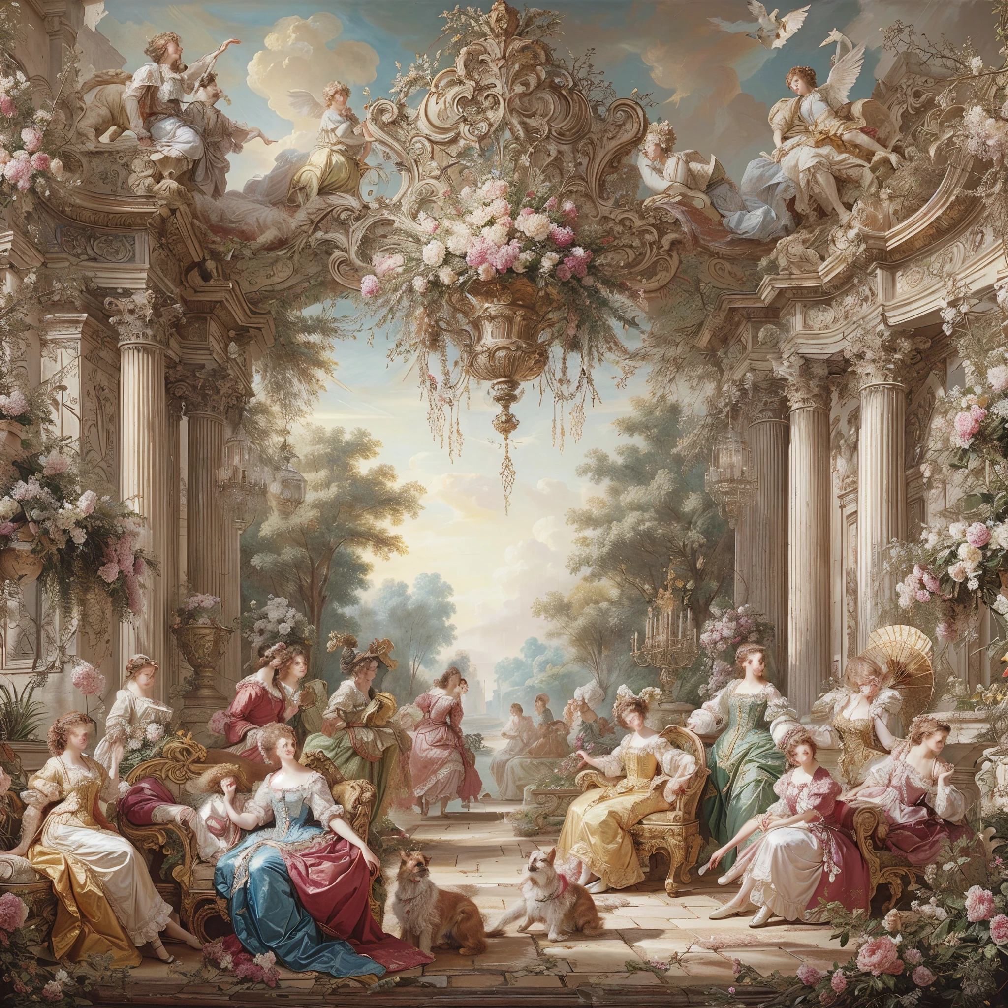 uma pintura de um grupo de pessoas sentadas em torno de um jardim, rococo art style, Rococo art, Neo-Rococo expressionist style, rococo painting, rococo style, Baroque painting scenery, Rococo oil painting, The style of the rococo, rococo baroque, RococoStyle, francois boucher style, inspirado em Jean-Baptiste Pater