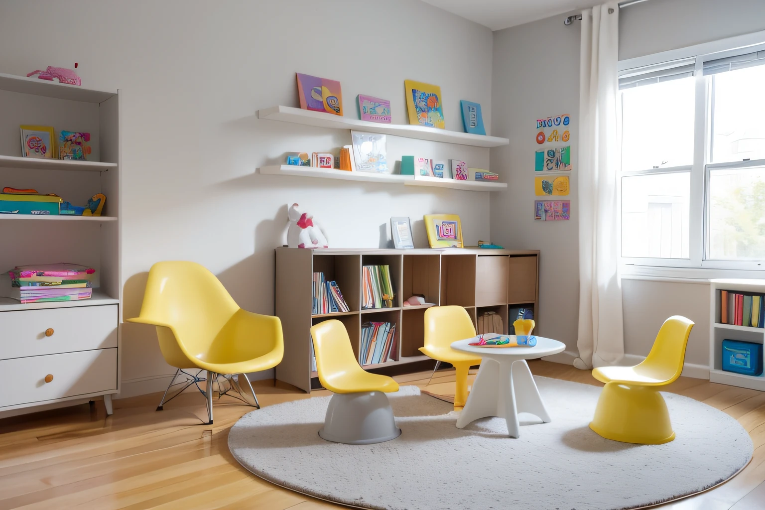 White Room,white wall,Sunlight shines in from the side,There is a white shelf,Place colorful toys and books,Streamlined fabric chair,gray fabric chair, toy room,Half cabinet with drawers,White cabinet, playful and cheerful, Colorful round decoration, furniture and decor, clean and uncluttered, Boy's room, kids toy, Gamine, kids toy,Set photo, colours, muted colors with minimalism, colorful picture,Yellow round stool on gray carpet,gray low pile carpet