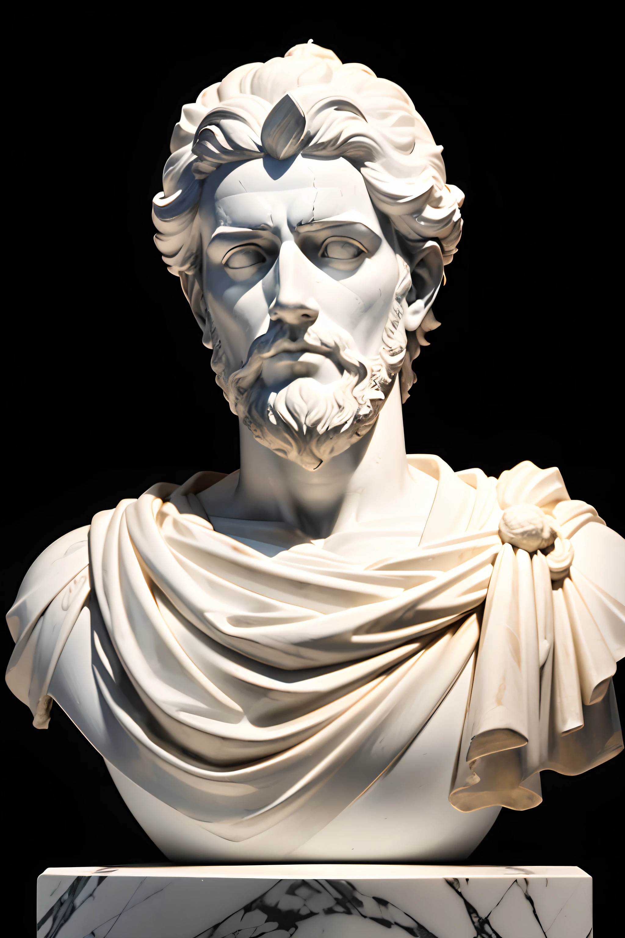 Closeup of a marble sculpture of Marcus Aurelius, iluminado por un solo foco sobre un fondo negro.