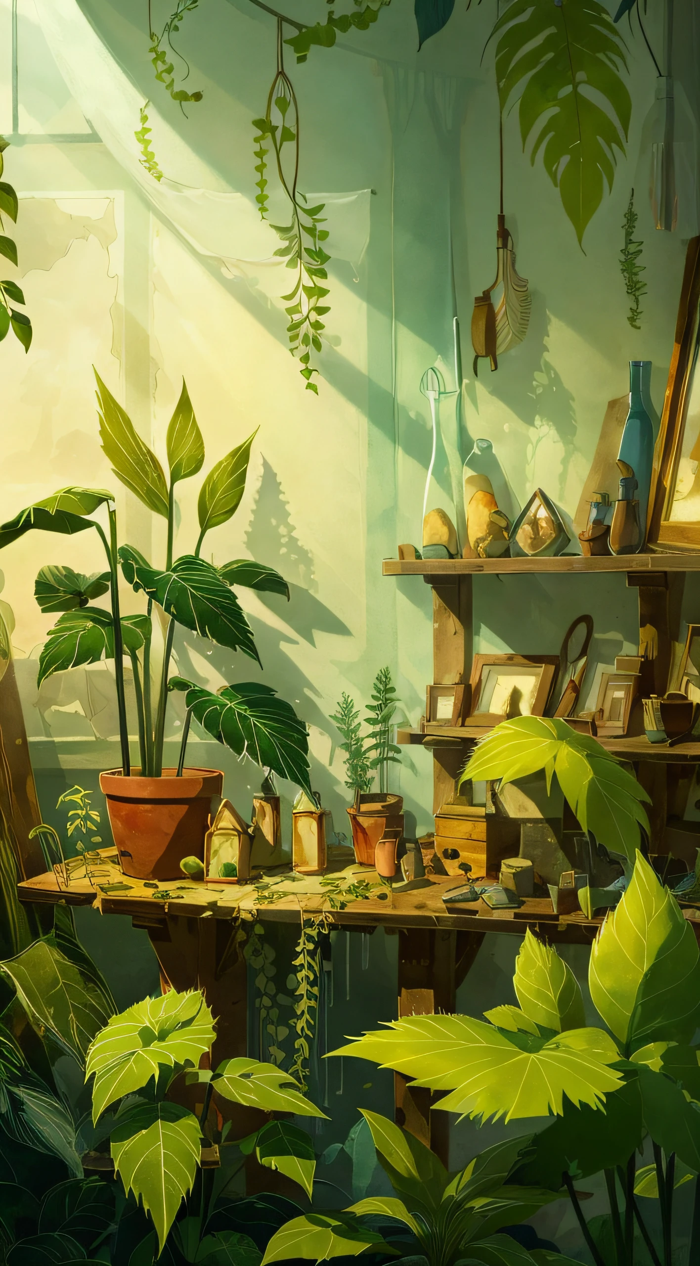 (masterpiece), (best quality), HDR, Song of the Sea,
(Plant sheds:1.3), indoor, glass, Clear light, crystal, ethereal, Dappled shadows of leaves,
Cartoon, texture, 2d illustration, high contrast, outlines, (minimalism),