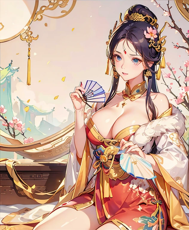 Anime woman wearing oriental clothes sitting on bed holding fan, Popular topics on cgstation, beautiful fantasy empress, 宮 ， A girl in Hanfu, Princesa chinesa antiga, Guviz-style artwork, China Princess, Exquisite renderings of the Tang Dynasty, anime goddess, chinese empress, [ 4K digital art ]!!, Inspired by Lan Ying, ancient chinese goddess,Raised sexy,bared  chest，huge tit，seductiv