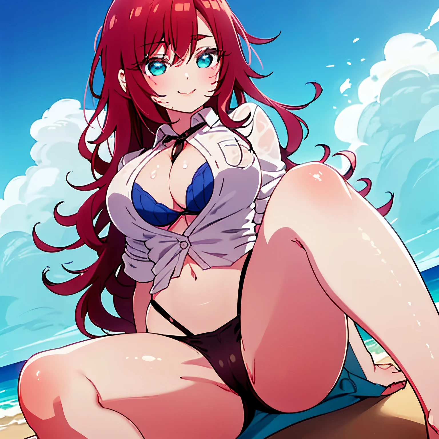 1 girl, alone, yakuzen kusuri, young, teenager, 18 years old, long hair, wavy hair, dark reddish hair, ponytail, locks with two divisions on the head, locks on both sides of the face, turquoise eyes, good hands, Good anatomy, bewildered, seductive, smiling, closed mouth, POV (from below), Masterpiece, Best quality, 1 girl, only, bikini, dark reddish bra, dark reddish thread thong, White shirt, Wet shirt , Open shirt, Legs crossed, sitting, sitting on the sand, Beach, Sea, long_hair, closed mouth, big tits, medium waist, medium hips, wide thighs, looking at her own tits in a bikini, Smile (wet clothes, transparent : 1.2 ), (White shirt), Wet, mouth closed, They smile,