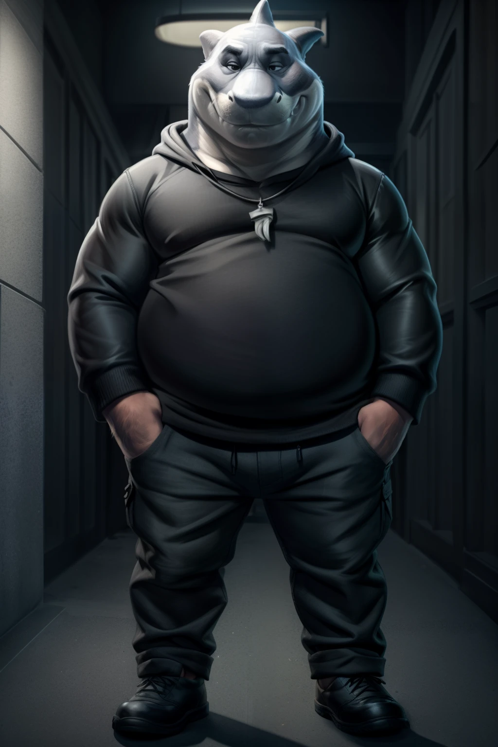 mr shark, plump, fat, belly, black eyes, (pose:1.3), (posing:1.3), (soft shading), 4k, hi res, five fingers, detailed hands, ((detailed face, (detailed eyes:1.0), detailed)), (full body), by zackarry911, by zaush, (by personalami:0.5),  looking at viewer, shirt, 1boy, black hooded sweater, hood down showing face, black pants, dark blue shoes, male focus, pants, black shirt, dog tags, gray pants, giant head, huge head, big head