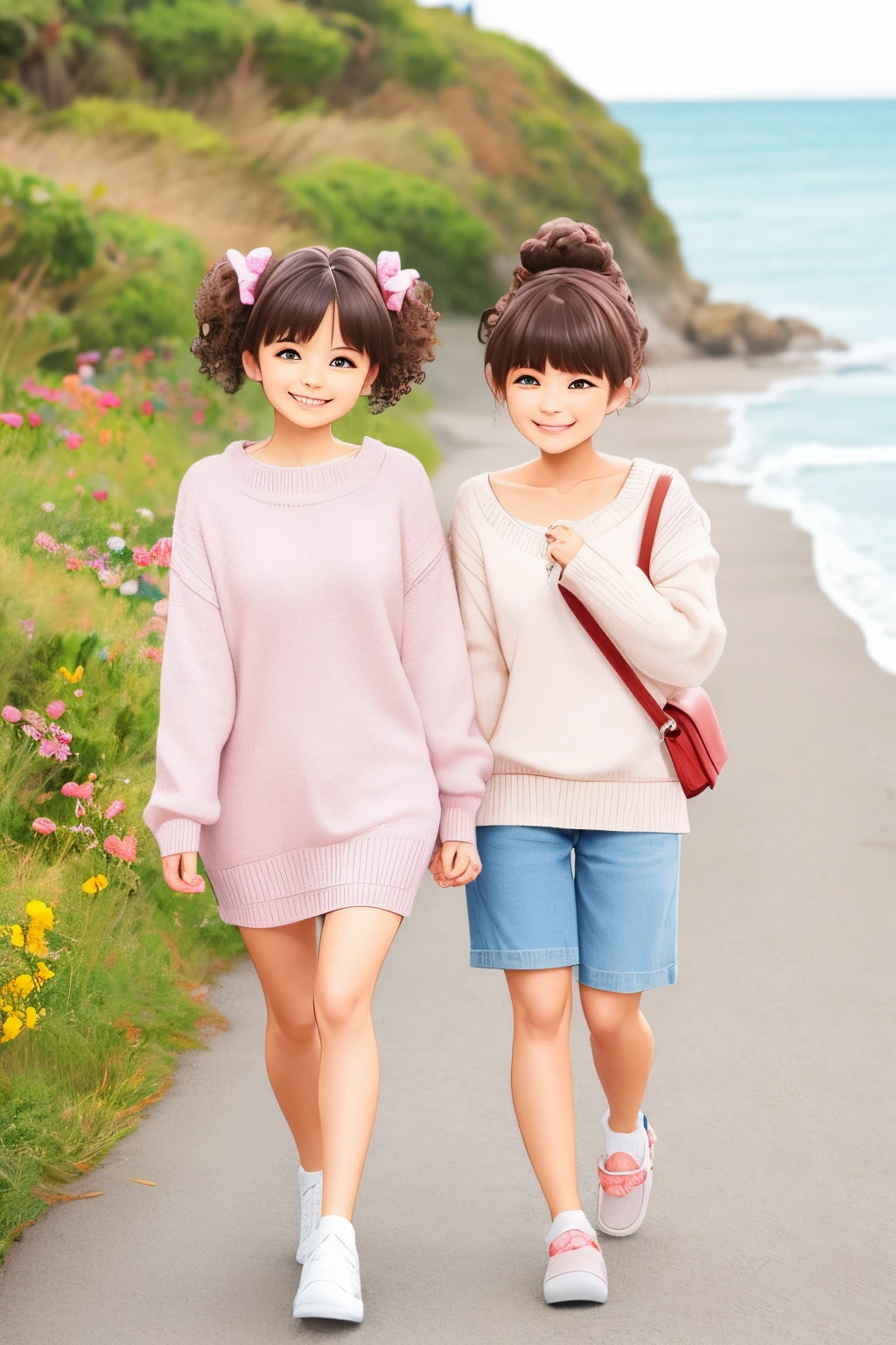 Shoulder sweater, Curly shorthair, hair scrunchie, Twin-tailed, kawaii pose、ssmile、Stroll along the seaside path