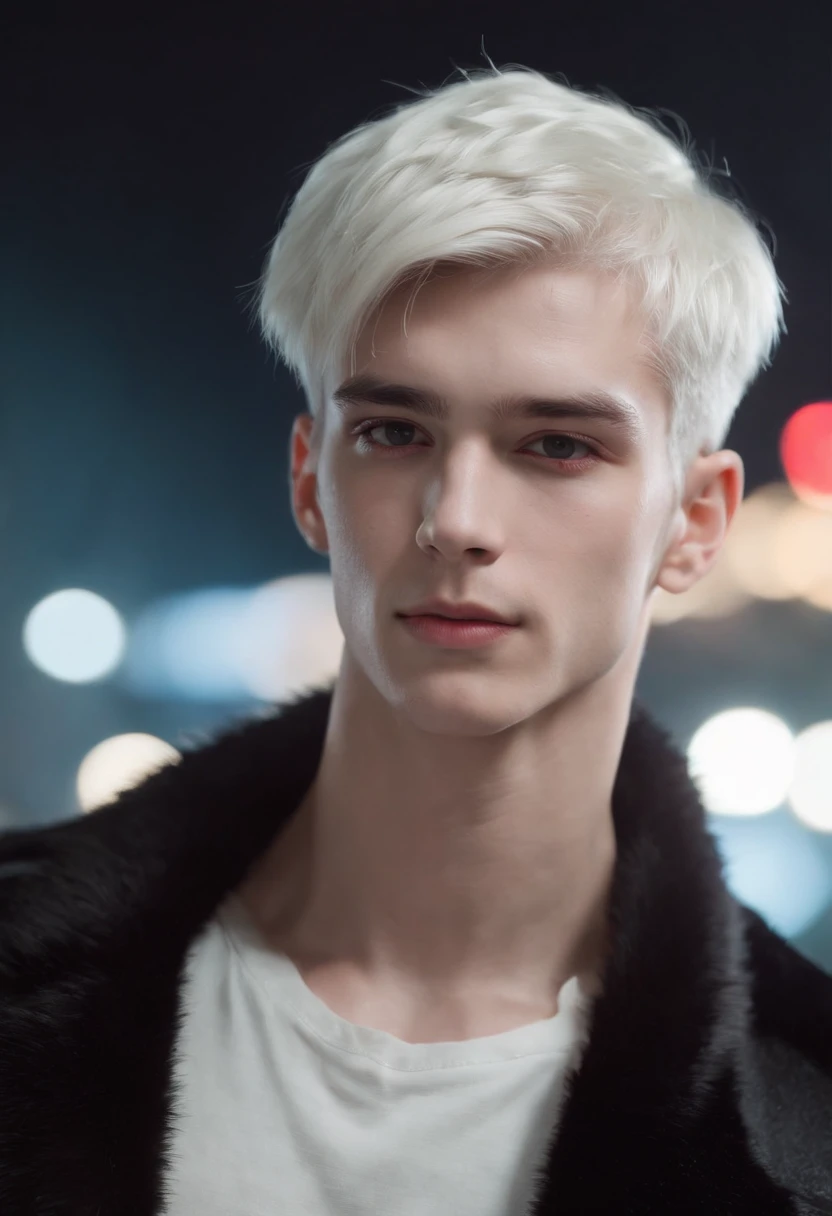 A young man, 20 years old, White hair, 2 block haircuts , Shirtless, Wearing a black fur coat , Reality Photography, Reality Skin, Detailed skin, glowing light eyes, biomechanical, eery, creepy, nightmarish, Very bright colors, light Particle, with light glowing, Musif, Wallpaper Art, UHD Wallpapers