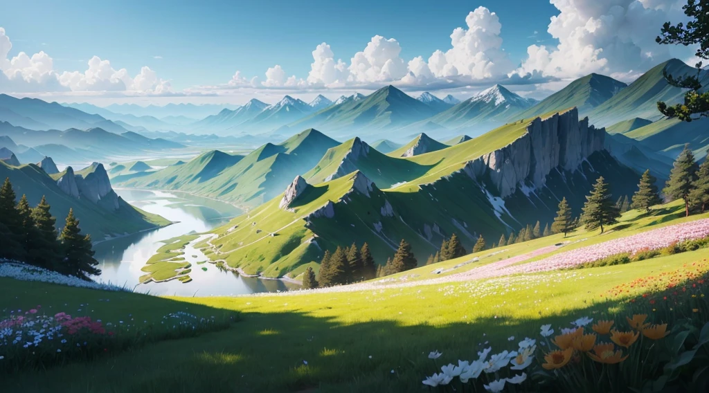 Flowers blooming on the green grass。There are mountains and lakes in the distance。The sun is shining，Blue sky and white clouds, colorful woods not far away，Light and shadow casting。High- sharpness。