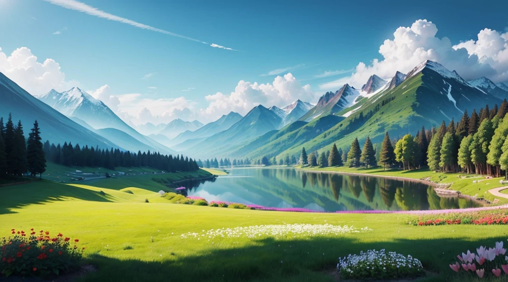 Flowers blooming on the green grass。There are mountains and lakes in the distance。The sun is shining,Blue sky and white clouds, colorful woods not far away,Light and shadow casting。High- sharpness。
