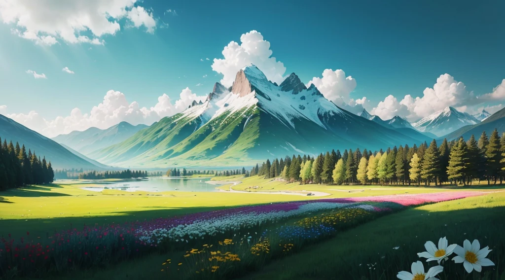 Flowers blooming on the green grass。There are mountains and lakes in the distance。The sun is shining,Blue sky and white clouds, colorful woods not far away,Light and shadow casting。High- sharpness。