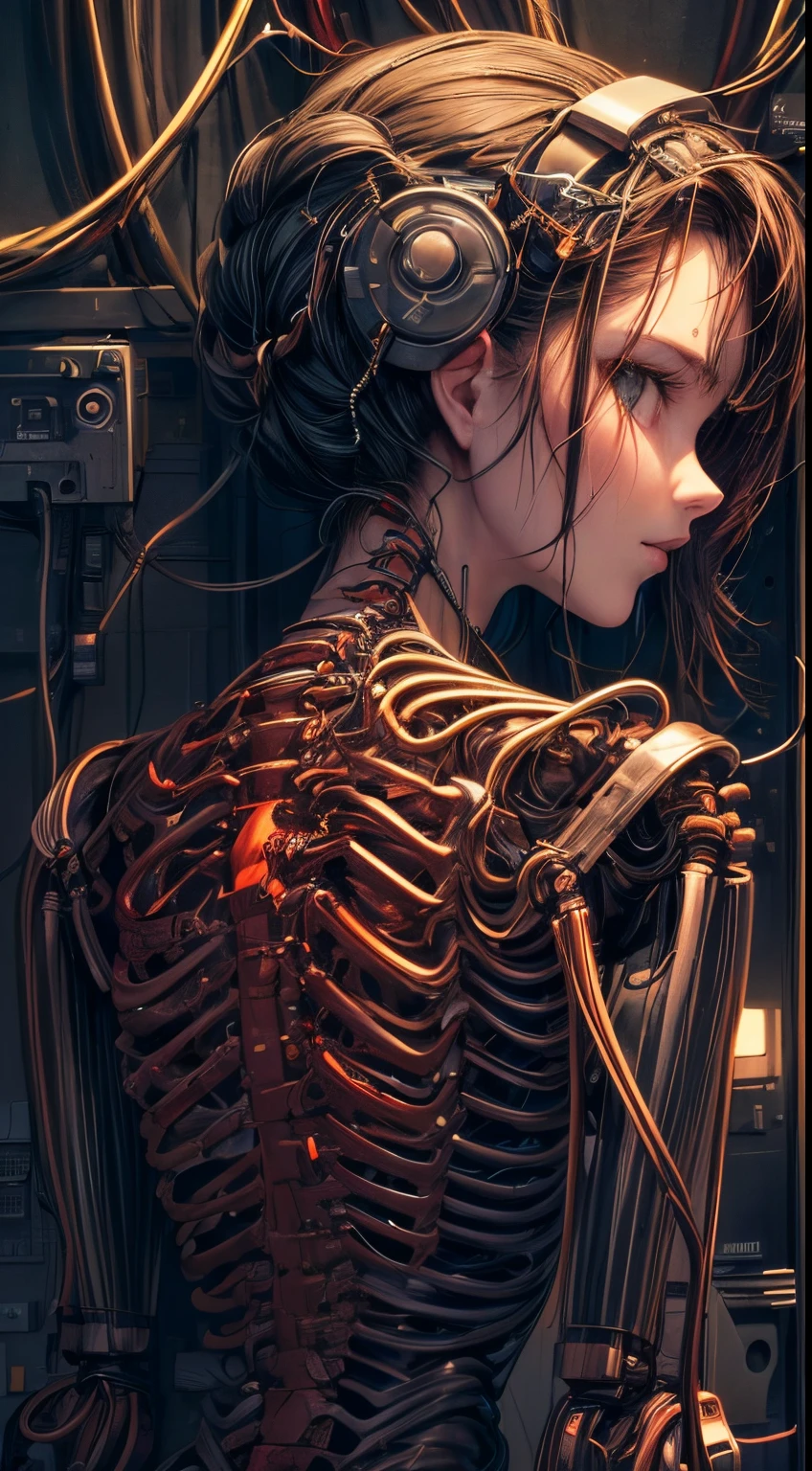 (((masterpiece))), (((best quality))), ((ultra-detailed)), (highly detailed CG illustration), ((extremely delicate and beautiful))),(side),cinematic light,((1 mechanical girl)),solo,half-body,(machine-made joints:1,2),((mechanical limbs)),(blood vessels connected to tubes),(mechanical vertebrae attached to the back),((mechanical cervical vertebrae attachment to the neck)), expressionless,(wires and cables attached to the neck:1.2),(wires and cables attached to the neck:1.2),(wires and cables attached to the Head:1.2)(Character Focus), Science Fiction, City Background, Extremely Detailed, Colorful, Detailed, (Face Shadow (Extra Detailed, Better Performance)), Laser Eyes (Detailed Red)))Fire in Handholes), (smokes a cannabis pipe), (white smoke out of her mouth), (sad face)