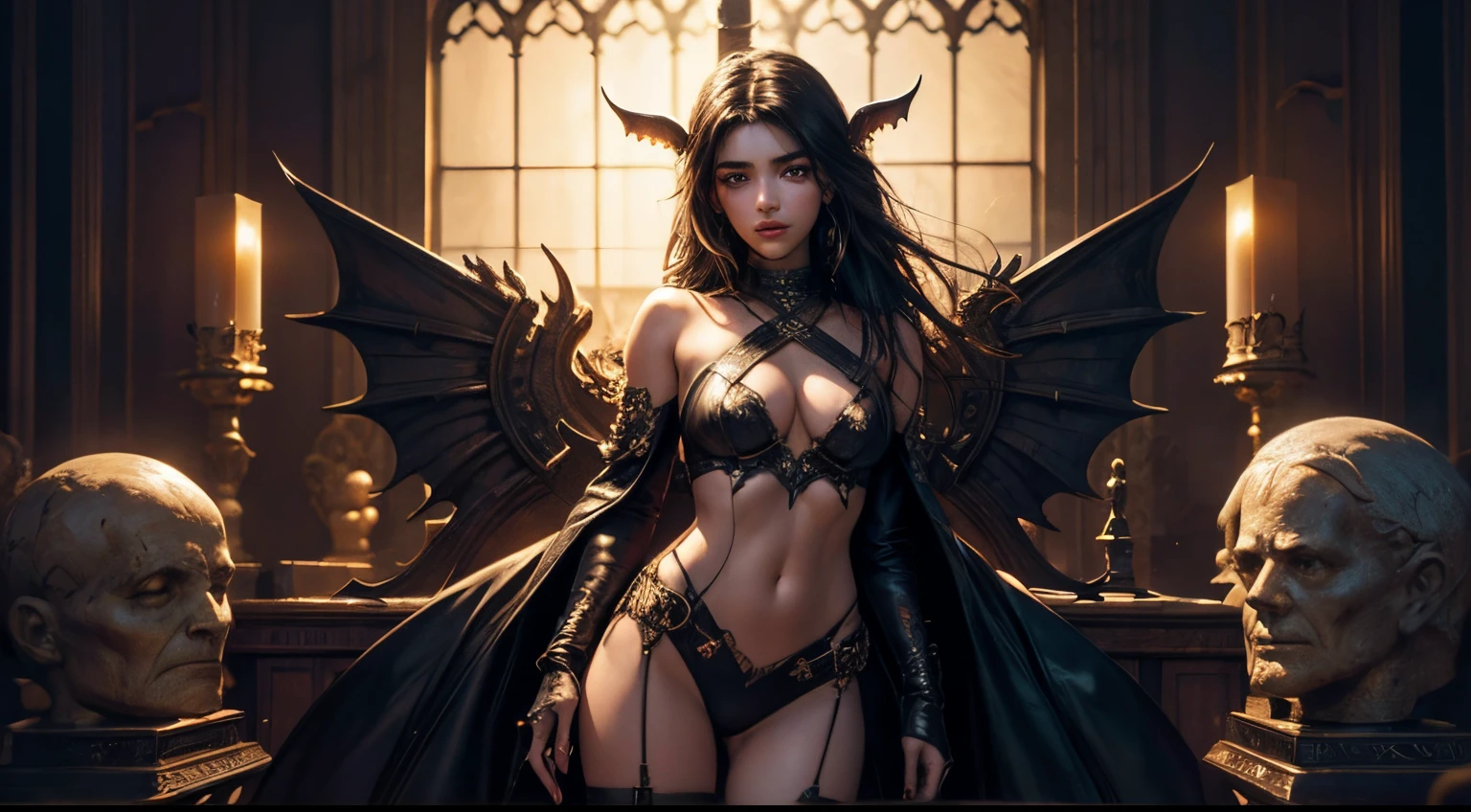 filmposter，hyper HD，A high resolution，A succubus with the face of Emily Rudd: Dua Lipa, Sensual posture, (Mid-range lens：1.8)， concept-art, Gorgeous castle background, abstract beauty, the ultra-detailed, brome style