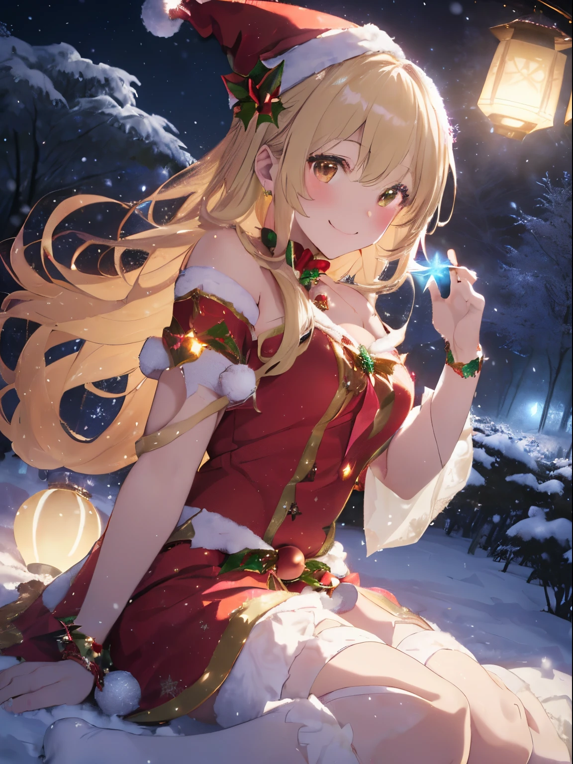 (fullmoon),(A magical night sky with a colorful moon and stars),((colorful lights are shining)),(tome'It's snowing a little),(Winter idol-like fluffy costume),(witch-like costume),Red and white Santa Claus costume,((Fantastically glowing colorful lanterns)),(A forest with many strangely shaped trees),((Casting a spell with a magic wand with a jewel on the tip)),Fantasy atmosphere,((A tree decorated like a Christmas tree々)),Slight red tide,((Thin blonde hair)),((Curled Hair)),((Brown eyes)),Looking at me with a smile,(Kamimei)