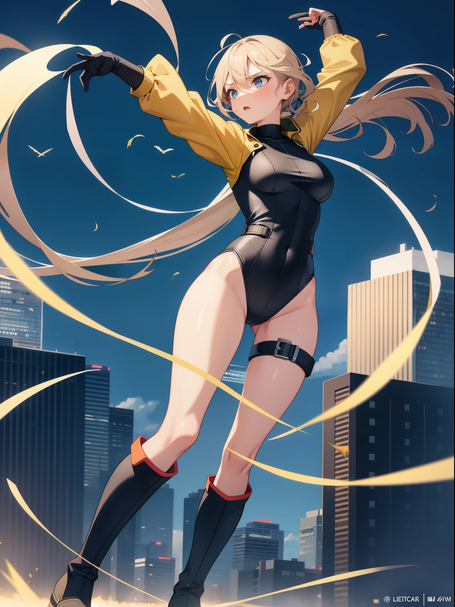 1girl, medium breasts, leotard, high cut leotard, bare legs, tight belt, boots, gloves, city backdrop, solo, single, raised arms, standing, twirling, spinning like a tornado, wind swirls surrounding her body, energy emitting from her body, full body shot, cowboy shot, superpower, tornado spinning, rapid gyration, super speed, speed lines, tornado wind swirls surrounding her body, super spin