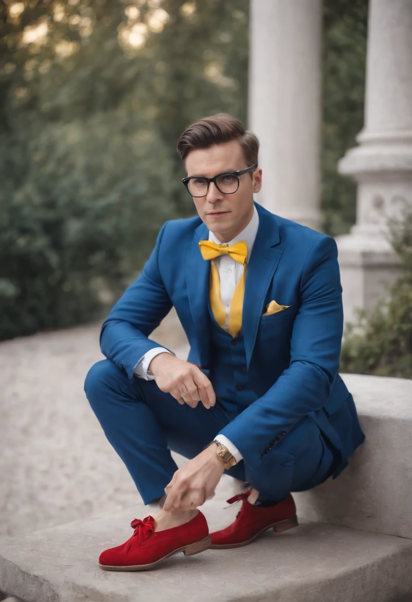 a man with black glasses and a blue suit, red bow, yellow leather shoes, full body
