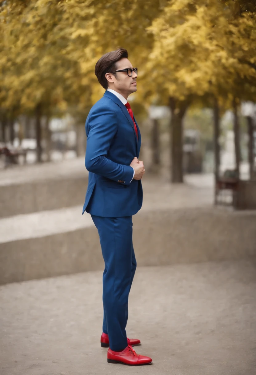 a man with black glasses and a blue suit, red bow, yellow leather shoes, full body