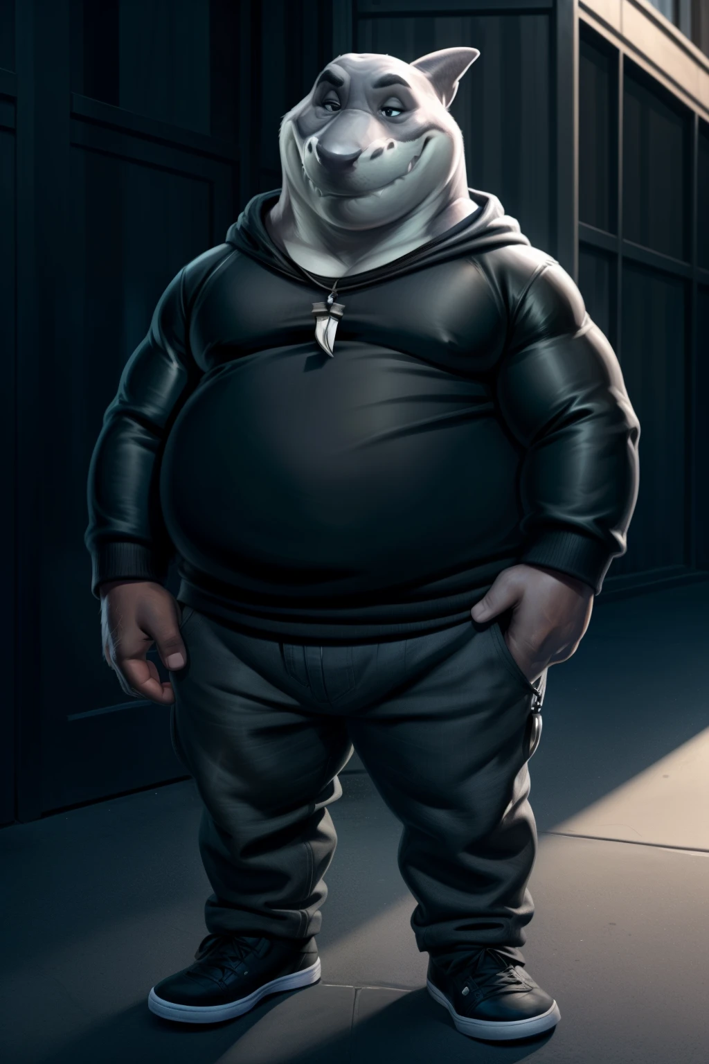 mr shark, plump, fat, belly, black eyes, (pose:1.3), (posing:1.3), (soft shading), 4k, hi res, five fingers, detailed hands, ((detailed face, (detailed eyes:1.0), detailed)), (full body), by zackarry911, by zaush, (by personalami:0.5), looking at viewer, shirt, 1boy, black hooded sweater, hood down showing face, black pants, dark blue shoes, male focus, pants, black shirt, dog tags, gray pants, giant head, huge head, big head
