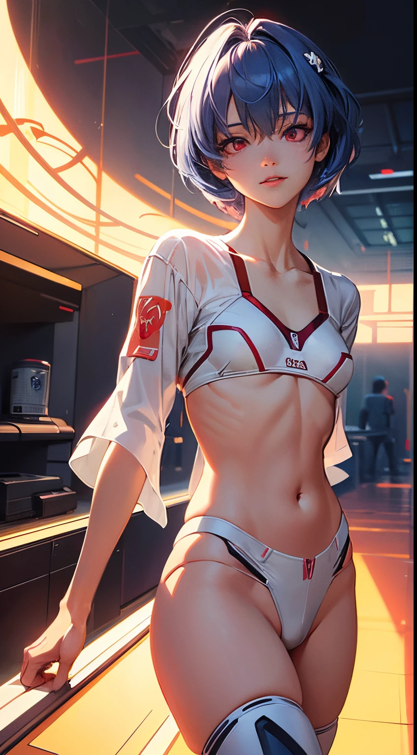 Evangelion Cockpit,Masterpiece portrait of a smiling Rei Ayanami (Evangelion), Evangelion (Hideaki), Caustics, High resolution illustration,years, Red Eyes, Feminine, no pupils, Blue hair, Short hair, Very small breasts,Japan school uniform, lowfers, swpunk, Synth Wave, Paint splatters, shaded flat illustration, Digital Art, Trending on ArtStation, Highly detailed, Fine detail, Convoluted, Splatter, Outrun, Vaporware, neon color,White underwear,long boots