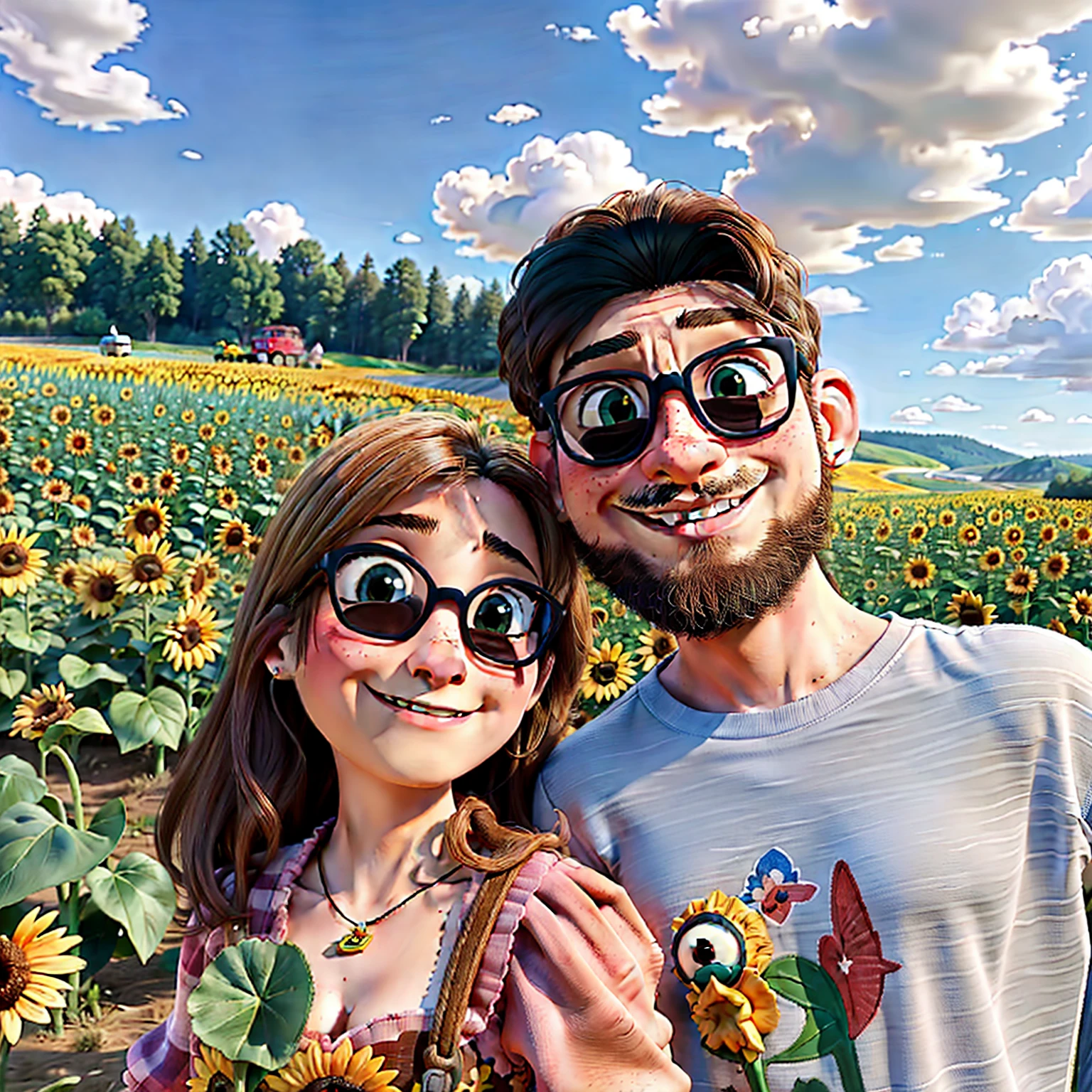 there is a man and woman standing in a field of sunflowers, sunflowers in the background, vacation photo, sunflower field, scene : sunflower field, scene: sunflower field, profile pic, by Kristin Nelson, standing in a flower field, sunflowers, field of sunflowers, snapchat photo, by Carey Morris, on a farm, by Dan Frazier, standing in flower field