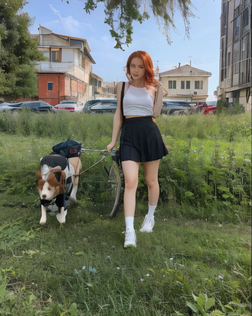 A girl with red hair looks at the viewer in a white short top and a short pleated miniskirt