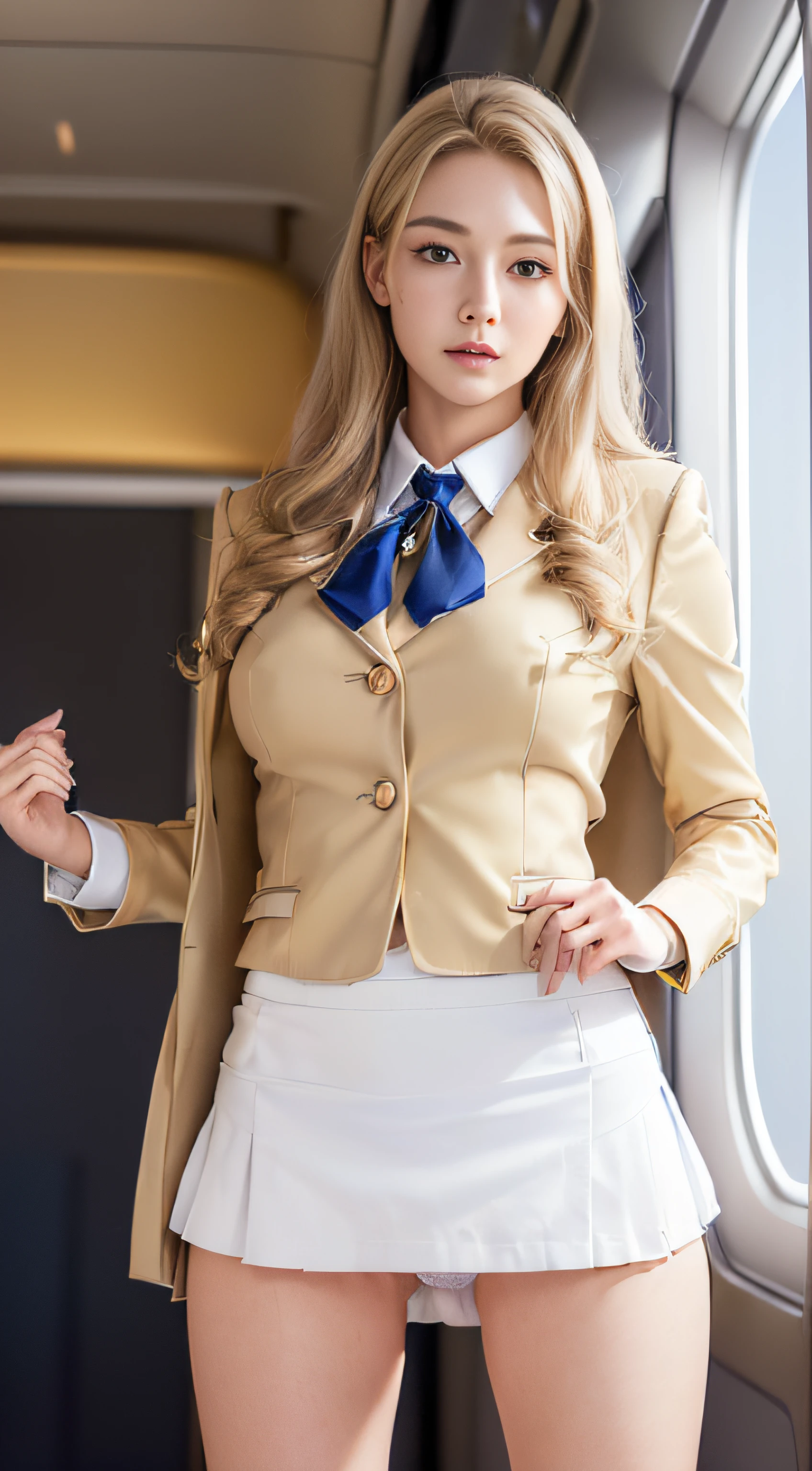 1womanl、(Super beautiful)、(beauitful face:2)、(A detailed face:1.3)、(Shot from the knee up:1.2)、(Beautiful Europeans:1.2)、(Cabin Crew)、(Flight attendant uniforms)、(Tailored jacket:1.1)、(a miniskirt:1.5)、(She lifts her skirt to reveal her white panties:1.5)、(Bare legs:1.5)、(Golden head hair:1.4)、(Standing in the corridor of an airplane:1.2)、(Dressing)