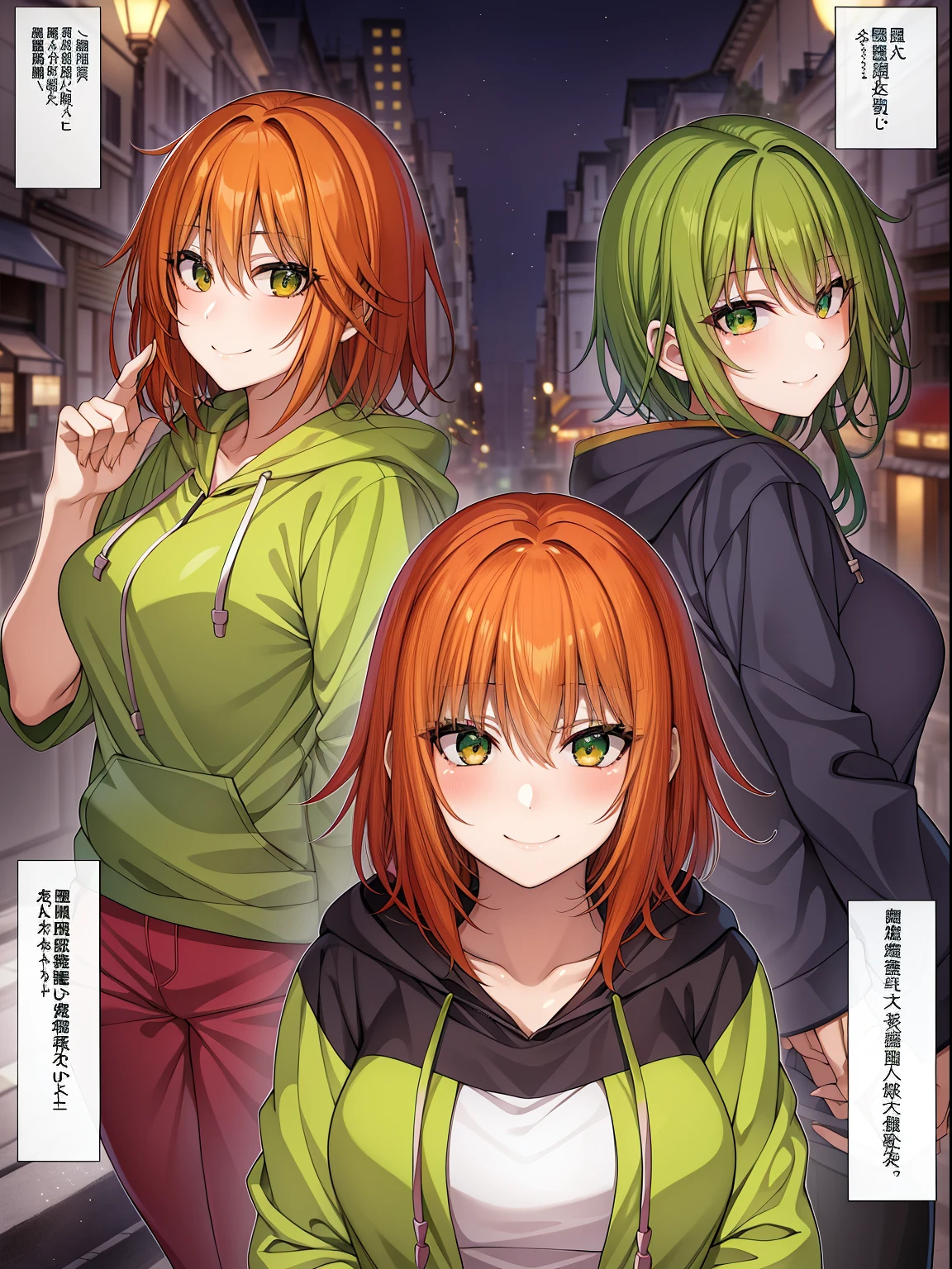 细致背景、​masterpiece、top-quality、A smile、takanashi kiara、gradation hair、Orange hair、green hair hoodie、portlate、neons、Grapffiti、Dark、knight、radiant eyes、blacklight