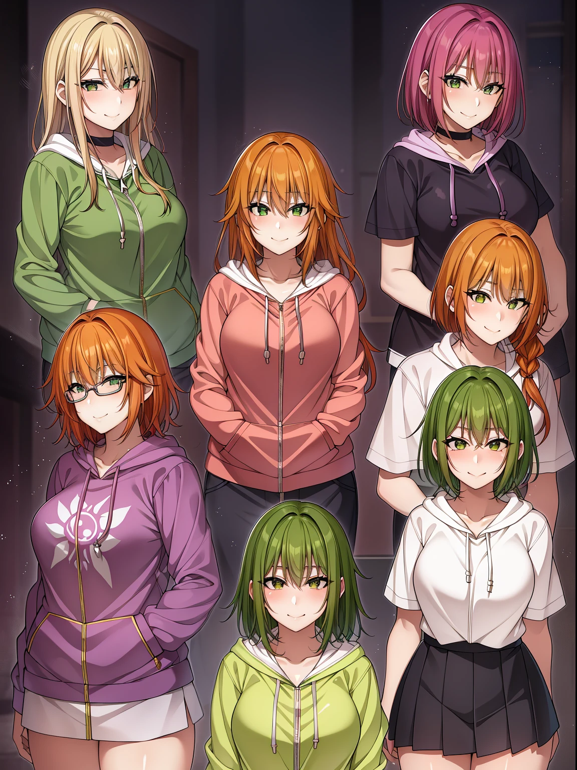 细致背景、masterpiece、top-quality、A smile、takanashi kiara、gradation hair、Orange hair、green hair hoodie、portlate、neons、Grapffiti、Dark、knight、radiant eyes、blacklight