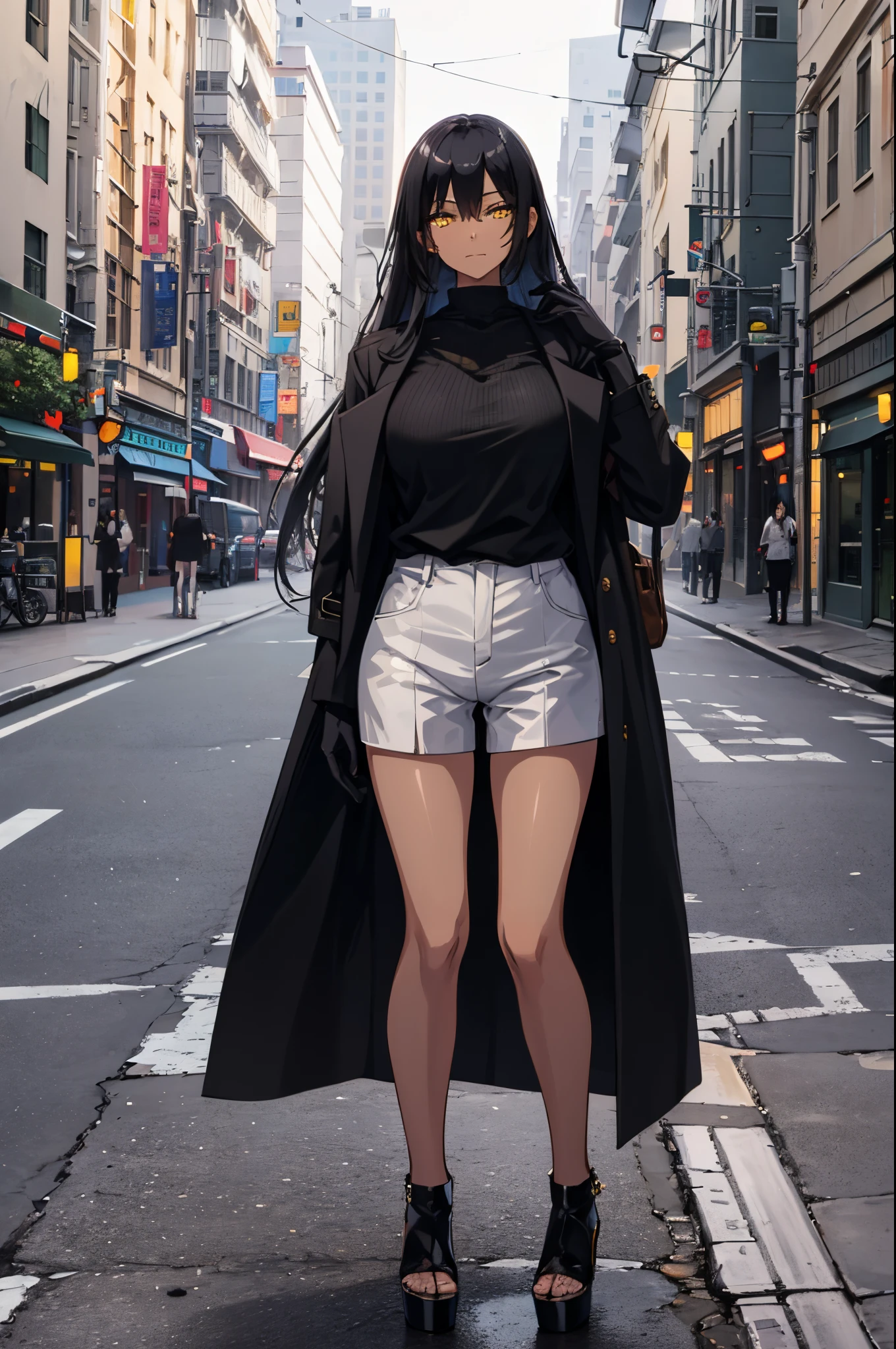 ultra detailed, masterpiece, best quality, solo, facing viewer, soft smile, light smile, 1girl, dark skin, (yellow eyes:1.1), (black hair:1.25), long hair, coat, open coat, black gloves, white shorts, platform heels city, day, colorful.