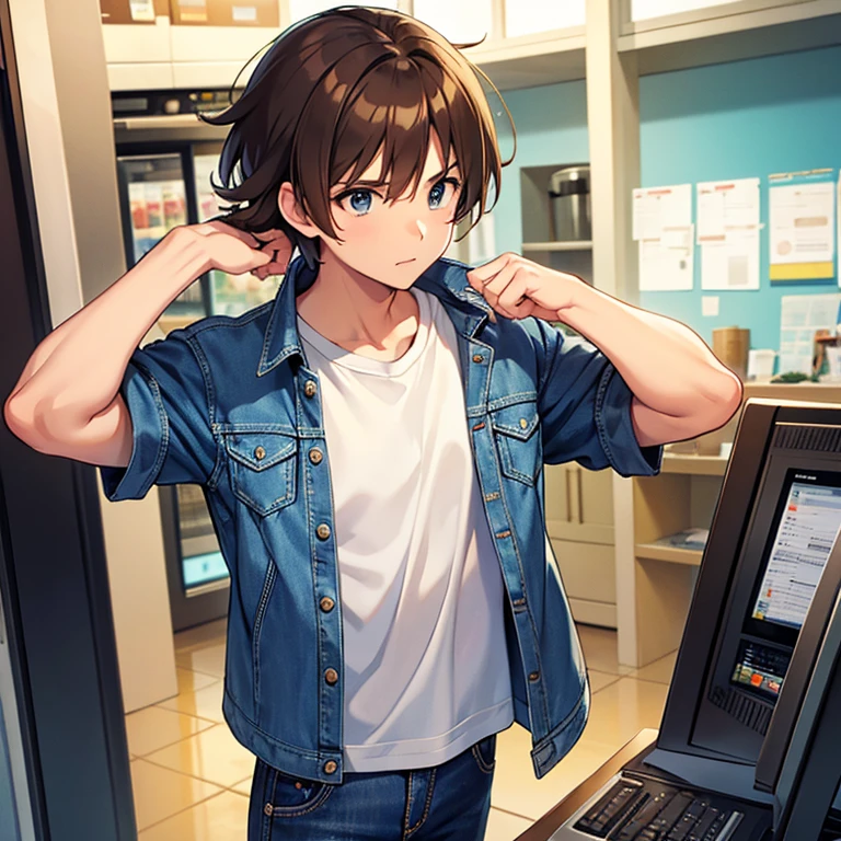 Guy with brown hair, jean jacket, white t shirt with sonic on it, and jeans