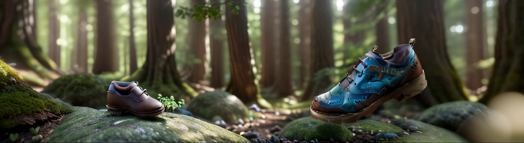 (a huge brown shoe),(Best quality at best),(tmasterpiece),at a forest，vray style，light violet，Romantic soft focus and ethereal light，highly detailed environments，miniaturecore，Low depth of field，lumber，k hd，the detail，8K，Small green plants and trees on rocks，Conceptual art style，furnace，clip，Motion blur panorama，Realistic blue sky，Solomon van Ruisdal，松下Lumix S Pro 50mm F / 1.4 styles，overlooks，Photoquality，very detailed photo，hyperrealistic photo，the detail，8K，k hd,