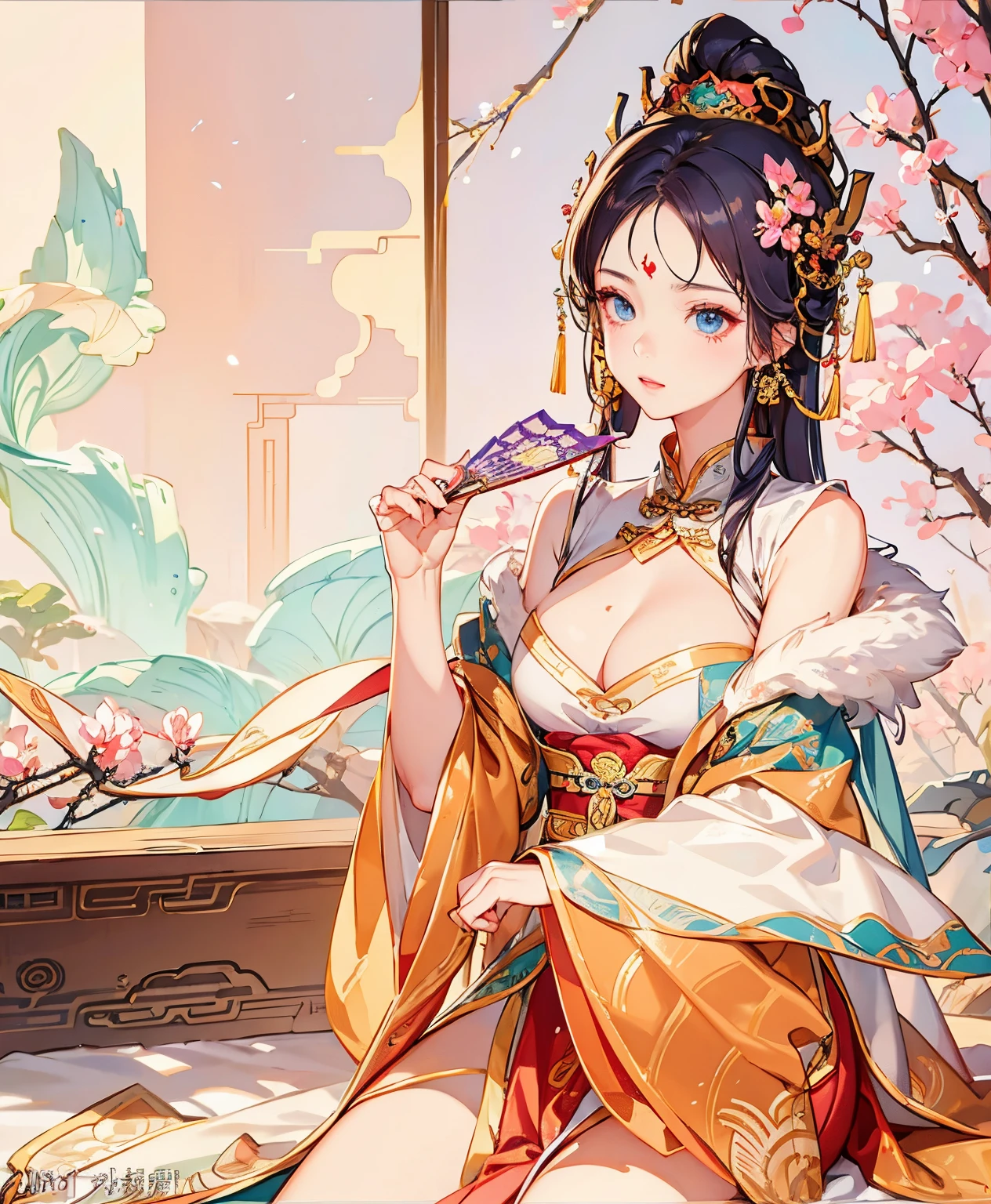 Anime woman wearing oriental clothes sitting on bed holding fan, Popular topics on cgstation, beautiful fantasy empress, 宮 ， A girl in Hanfu, Princesa chinesa antiga, Guviz-style artwork, China Princess, Exquisite renderings of the Tang Dynasty, anime goddess, chinese empress, [ 4K digital art ]!!, Inspired by Lan Ying, ancient chinese goddess,Raised sexy,bared  chest，huge tit，seductiv