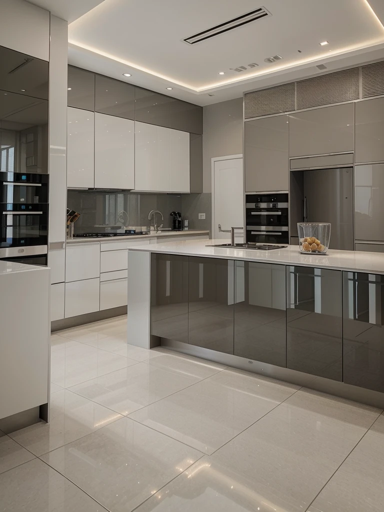 masterpiece, modern kitchen space, modern luxurious, modern futuristic interior design, hi-tech space, ((super detail :1.3))), modern hi-tech style design, hi-tech interior Modern blend, kitchen interior space with tables and chairs, kitchen details, modern hi-tech kitchen appliances and utensils, luxurious futuristic kitchen floor, kitchen interior, in a kitchen summer morning, modern style island table, smarthome interior illustration, white, gray glossy floor ((1.2))