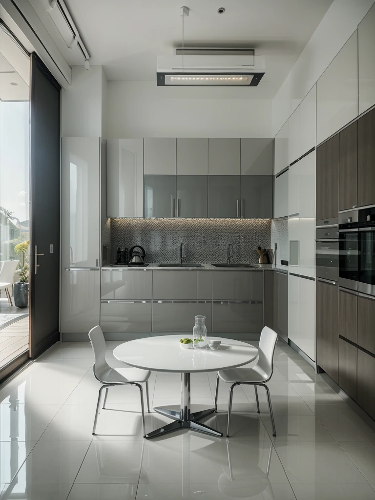 masterpiece, modern kitchen space, modern luxurious, modern futuristic interior design, hi-tech space, ((super detail :1.3))), modern hi-tech style design, hi-tech interior Modern blend, kitchen interior space with tables and chairs, kitchen details, modern hi-tech kitchen appliances and utensils, luxurious futuristic kitchen floor, kitchen interior, in a kitchen summer morning, modern style island table, smarthome interior illustration, white, gray glossy floor ((1.2))