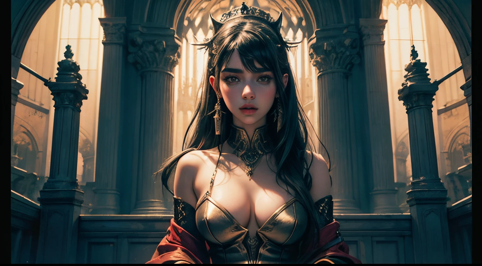 filmposter,hyper HD,A high resolution,A succubus with the face of Emily Rudd: Dua Lipa, Sensual posture, (Mid-range lens:1.8), concept-art, Gorgeous castle background, abstract beauty, the ultra-detailed, brome style