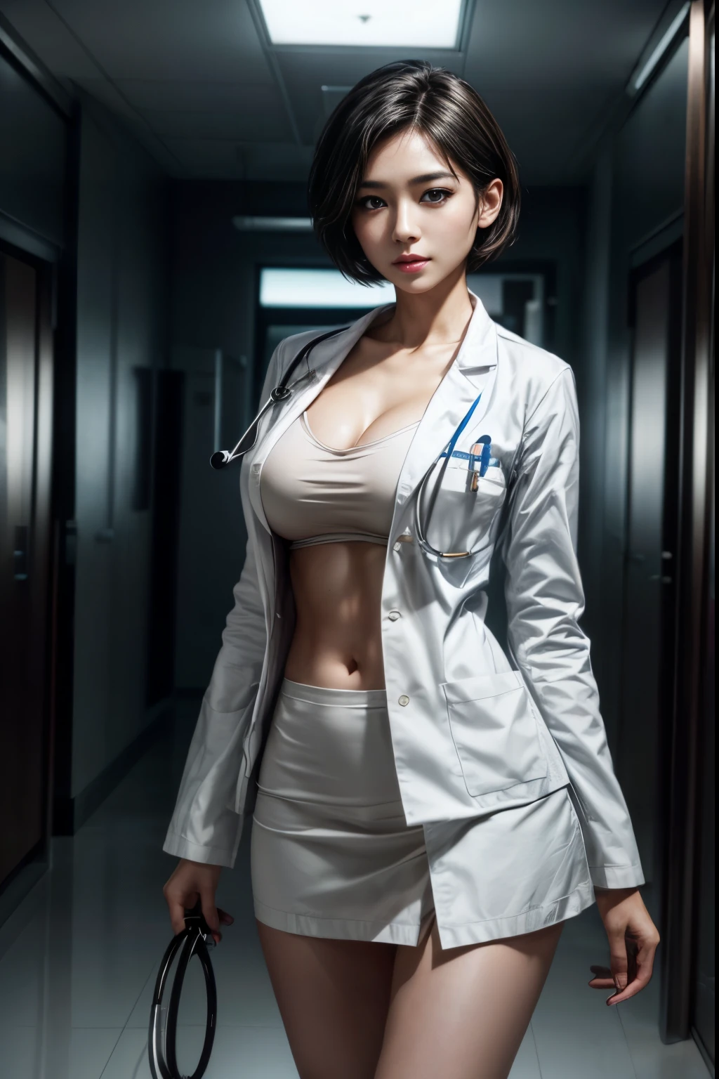 Photorealistic handsome doctor、Stunningly beautiful、White Doctor'overcoat, Dr Мода、(topquality、8K、12)、tmasterpiece、、超High Resolution,(photorealestic:1.4),RAW photography, Detailed Face,,beautiful short white hair, ((Dr. style of)), , tight skirts、 natural makeup, medium full breasts、Inside the hospital, Detailed background, perfect lighting, Depth of field, Stethoscope , (((body complet))), capturing the full body, body complet, legs wide spread, exposed legs, Eyes on camera, eye details, Beautiful eyes,